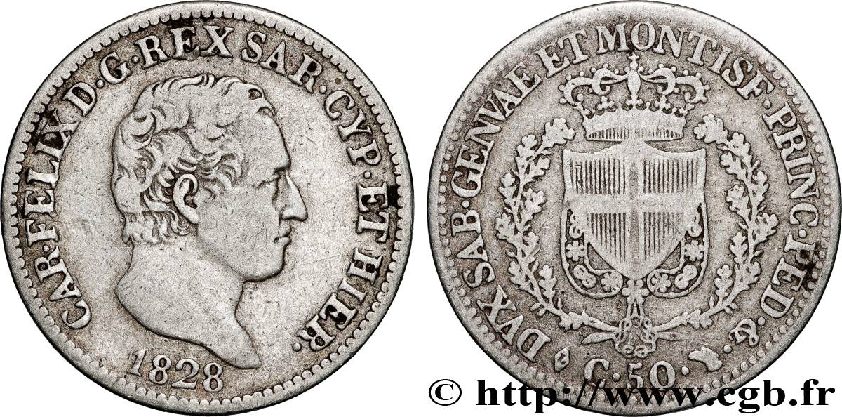 ITALY - KINGDOM OF SARDINIA 50 Centesimi Charles Félix 1828 Turin VF 