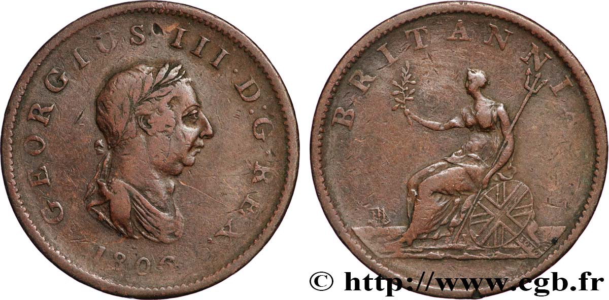 UNITED KINGDOM 1/2 Penny Georges III tête laurée 1806 Soho VF 