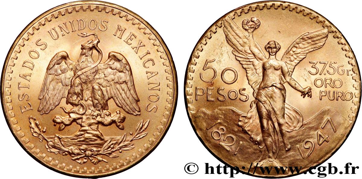 ORO, PALLADIO E PLATINO: INVESTIMENTI 50 Pesos or 1947 Mexico MS 