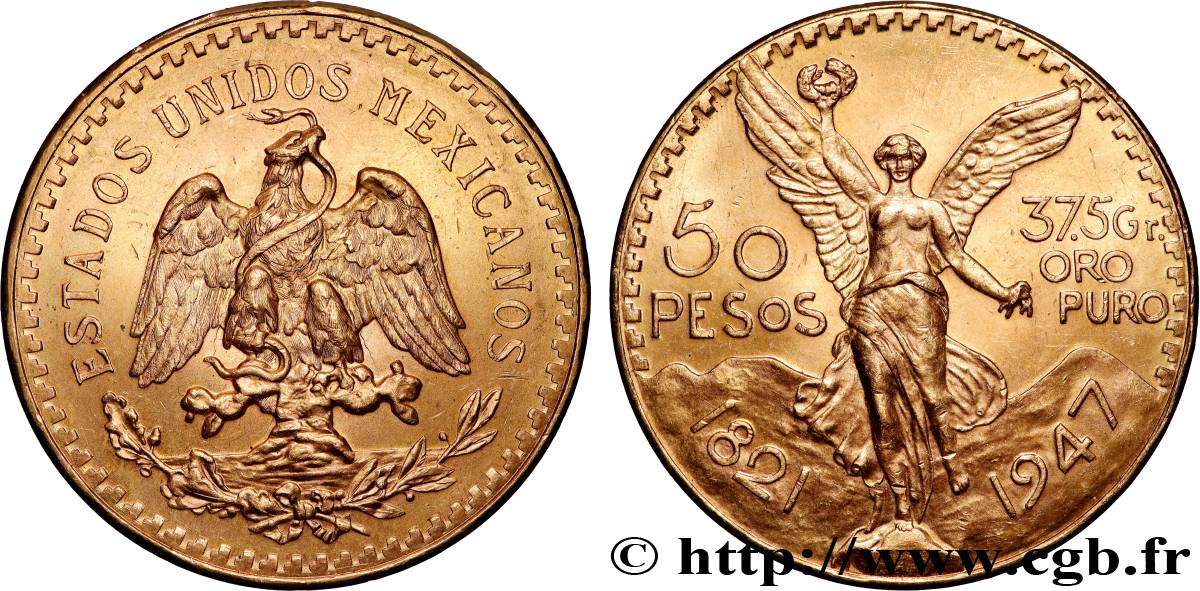 GOLD, PALLADIUM & PLATINUM INVESTMENT 50 Pesos or 1947 Mexico MS 