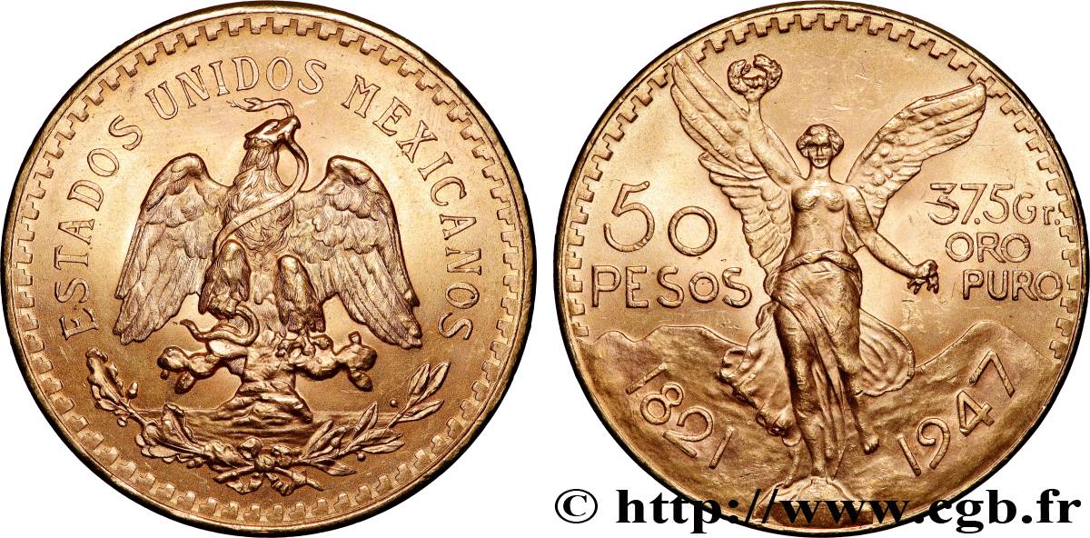 ORO, PALLADIO E PLATINO: INVESTIMENTI 50 Pesos or 1947 Mexico MS 