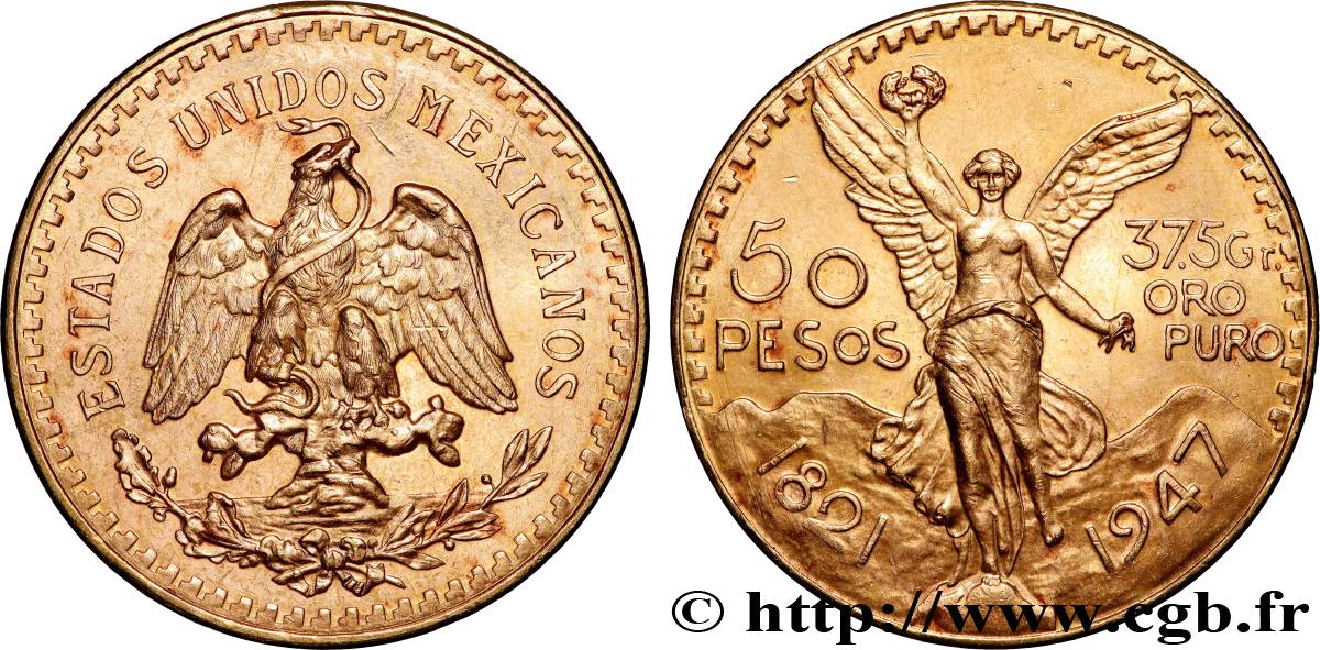 GOLD, PALLADIUM & PLATINUM INVESTMENT 50 Pesos or 1947 Mexico MS 