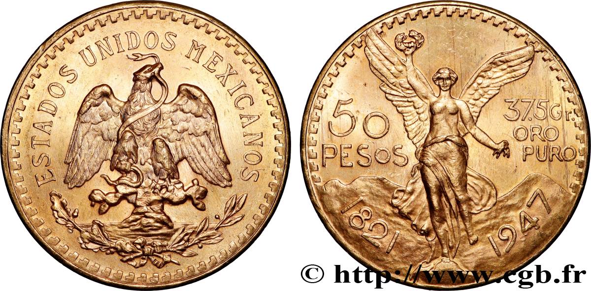 GOLD, PALLADIUM & PLATINUM INVESTMENT 50 Pesos or 1947 Mexico MS 