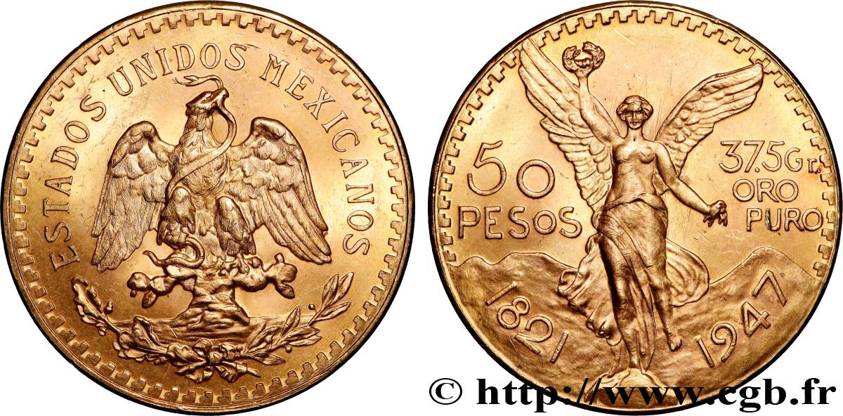 GOLD, PALLADIUM & PLATINUM INVESTMENT 50 Pesos or 1947 Mexico MS 