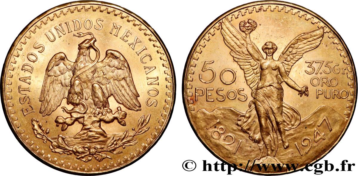 GOLD, PALLADIUM & PLATINUM INVESTMENT 50 Pesos or 1947 Mexico MS 