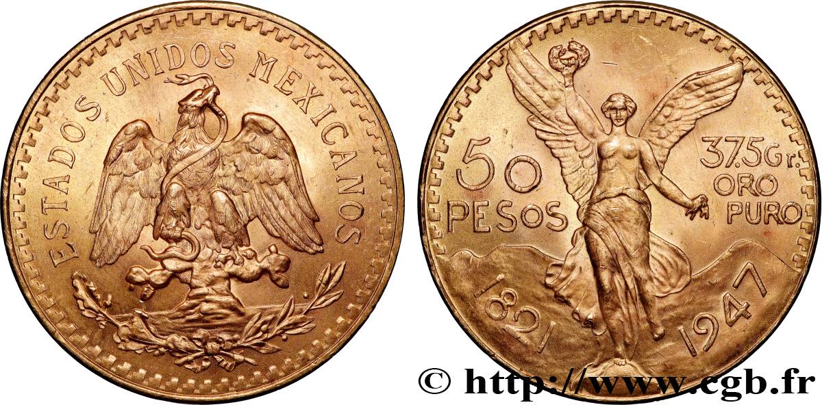 GOLD, PALLADIUM & PLATINUM INVESTMENT 50 Pesos or 1947 Mexico MS 