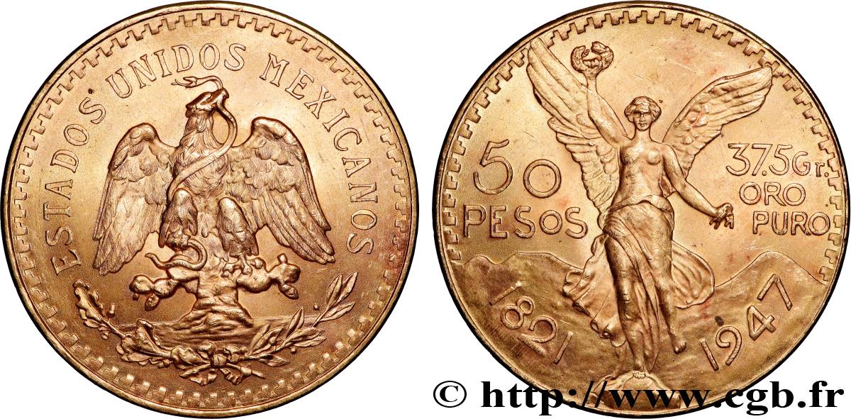 ORO, PALLADIO E PLATINO: INVESTIMENTI 50 Pesos or 1947 Mexico MS 