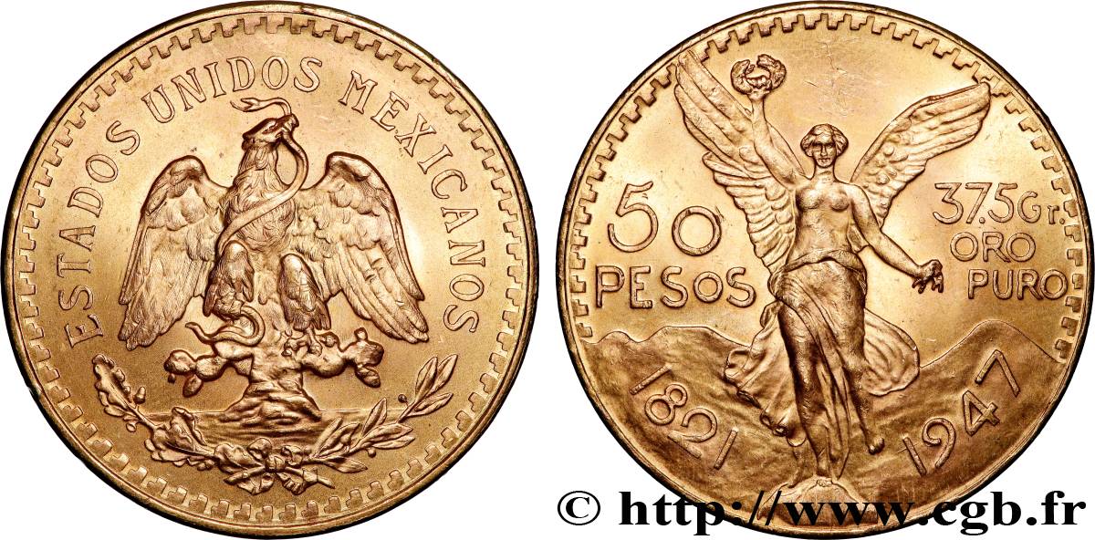 GOLD, PALLADIUM & PLATINUM INVESTMENT 50 Pesos or 1947 Mexico MS 