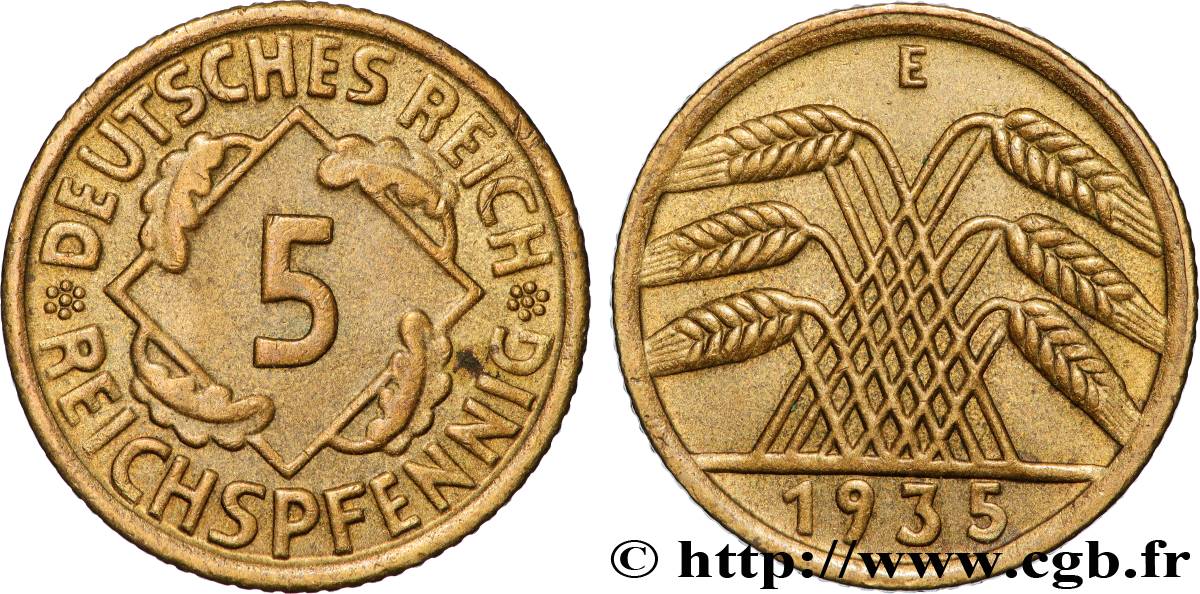 ALEMANIA 5 Reichspfennig gerbe de blé 1935 Muldenhütten - E MBC 