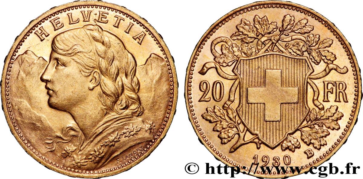 ORO, PALADIO Y PLATINO INVERSIÓN 20 Francs  Vreneli  1930 Berne EBC 