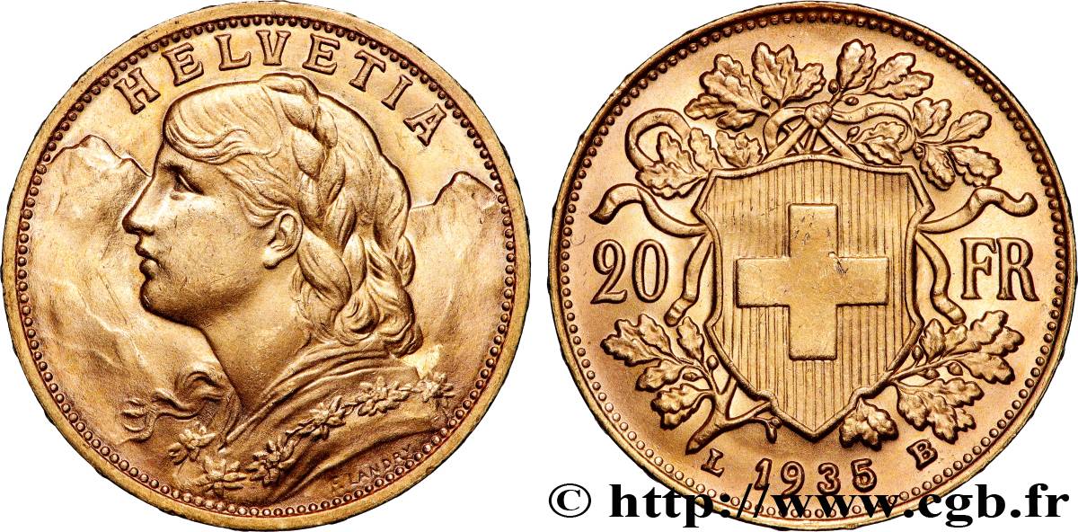 OR, PALLADIUM ET PLATINE INVESTISSEMENT 20 Francs  Vreneli  1935 Berne SUP 