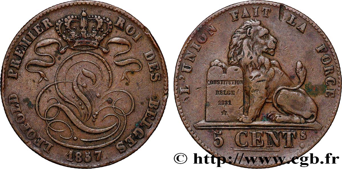 BELGIUM 5 Centimes Léopold Ier 1857  XF 