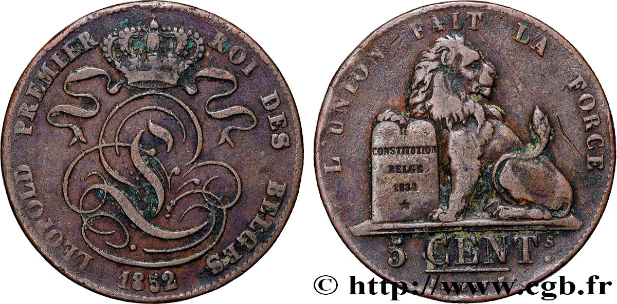 BELGIUM 5 Centimes Léopold Ier 1852  VF 