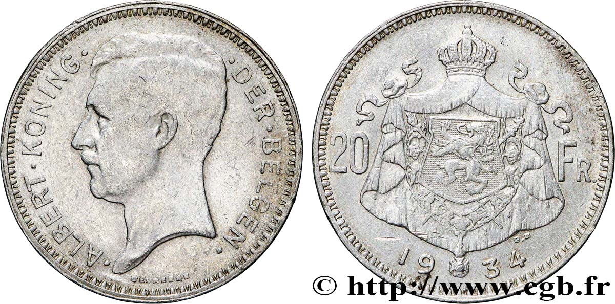 BELGIEN 20 Francs Albert Ier légende Flamande 1934  SS 