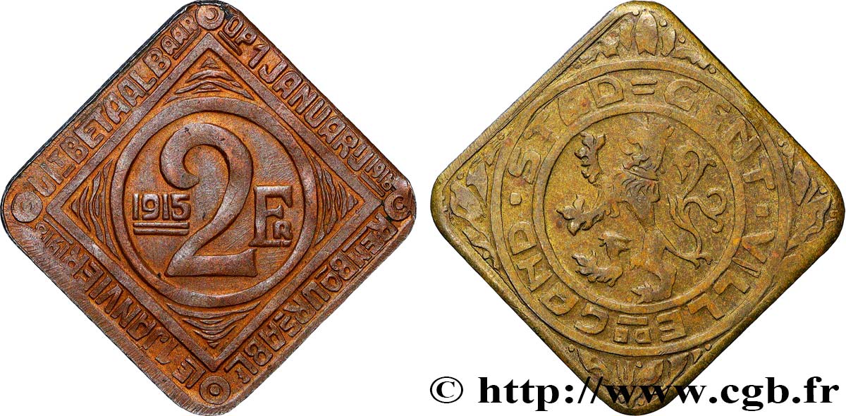 BELGIUM 2 Francs ville de Gand occupée 1915  VF 