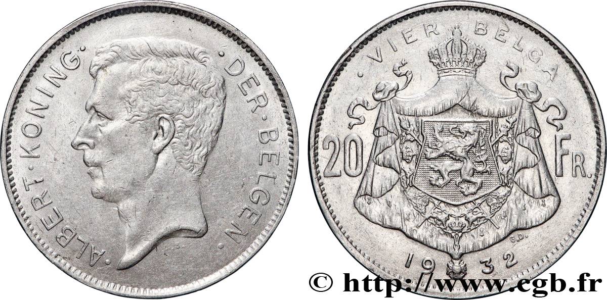BÉLGICA 20 Francs - 4 Belga Albert Ier légende Flamande position B 1932  MBC 