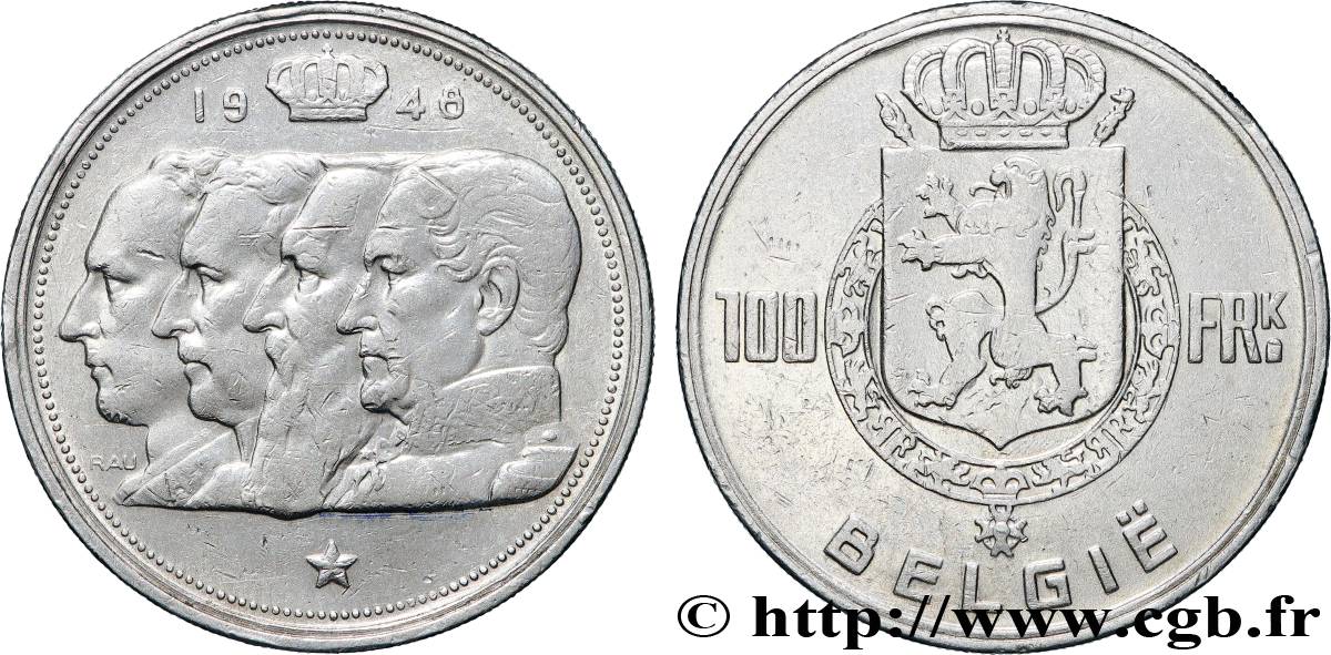 BELGIQUE 100 Francs bustes des quatre rois de Belgique, légende flamande 1948  TTB 