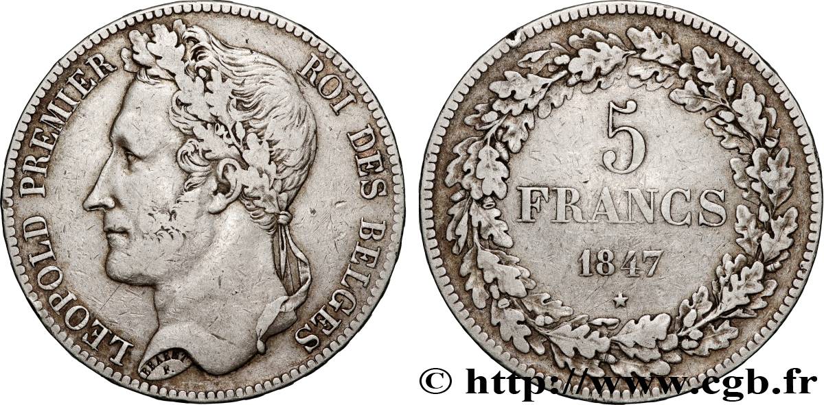 BELGIQUE 5 Francs Léopold Ier tête laurée 1847  TTB 