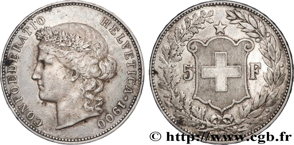 SUISSE 5 Francs Helvetia 1900 Berne TTB 