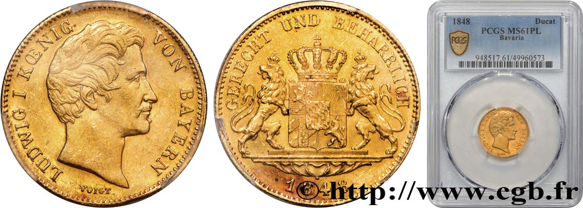 ALLEMAGNE - ROYAUME DE BAVIÈRE - LOUIS Ier Ducat 1848 Münich SUP61 PCGS