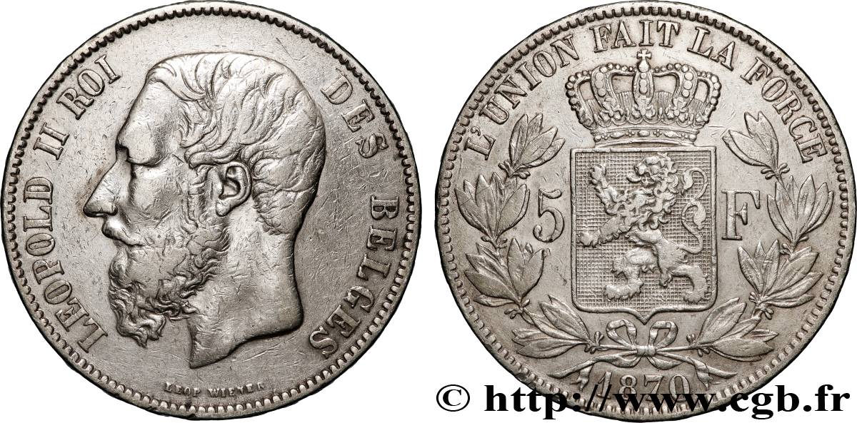 BELGIQUE - ROYAUME DE BELGIQUE - LÉOPOLD II 5 Francs 1870  AU 