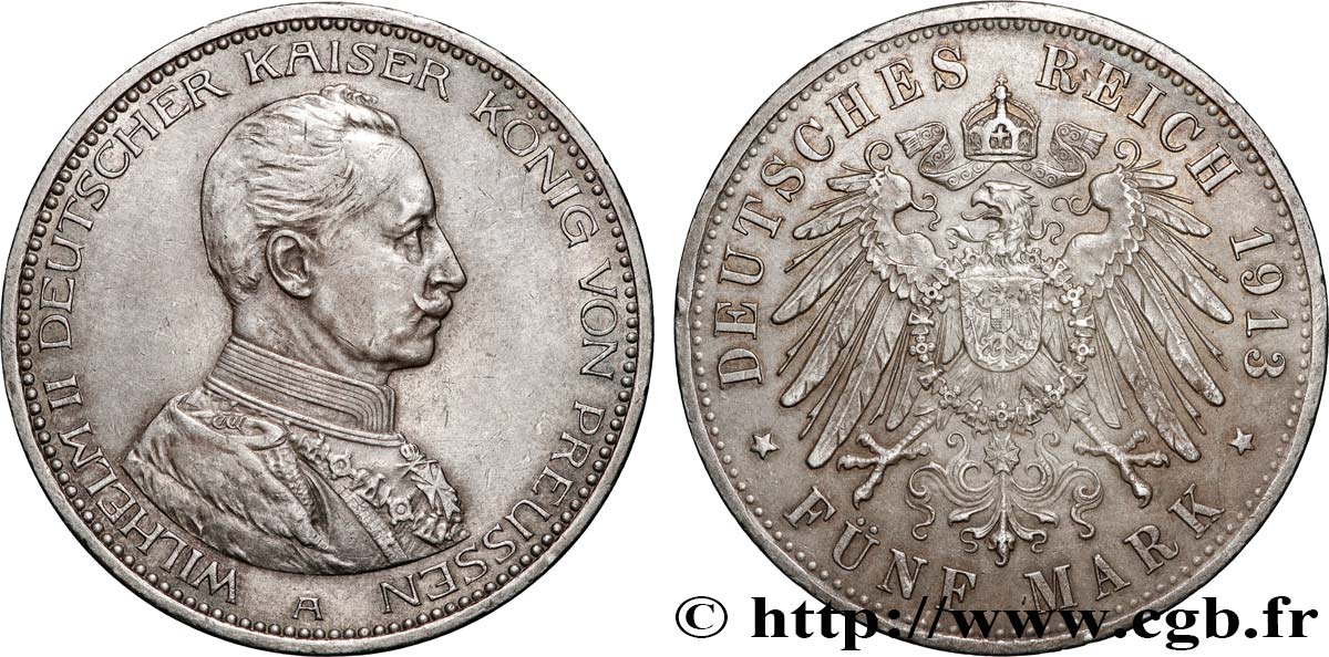 GERMANY - KINGDOM OF PRUSSIA - WILLIAM II 5 Mark  1913 Berlin AU 