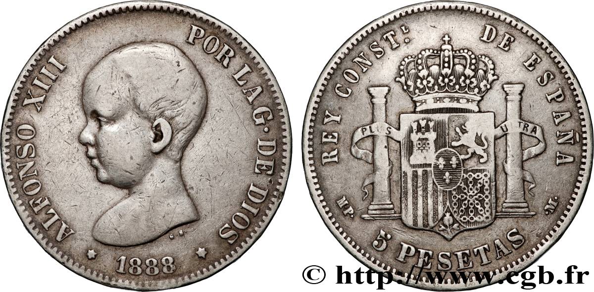 ESPAGNE 5 Pesetas 1888 Madrid TB+ 