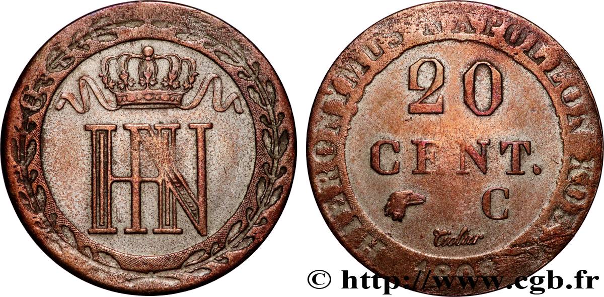 GERMANY - KINGDOM OF WESTPHALIA 20 Centimes 1808 Cassel VF 