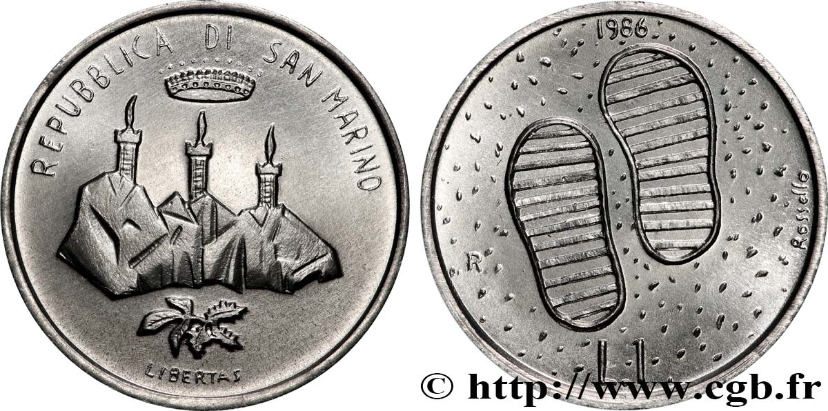 SAINT-MARIN 1 Lire 3 tours / traces de pas sur la lune 1986 Rome SPL 