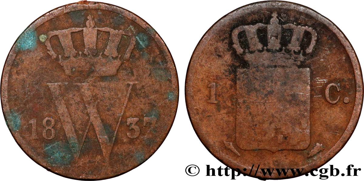 NETHERLANDS 1 Cent Guillaume Ier 1837 Utrecht VF 