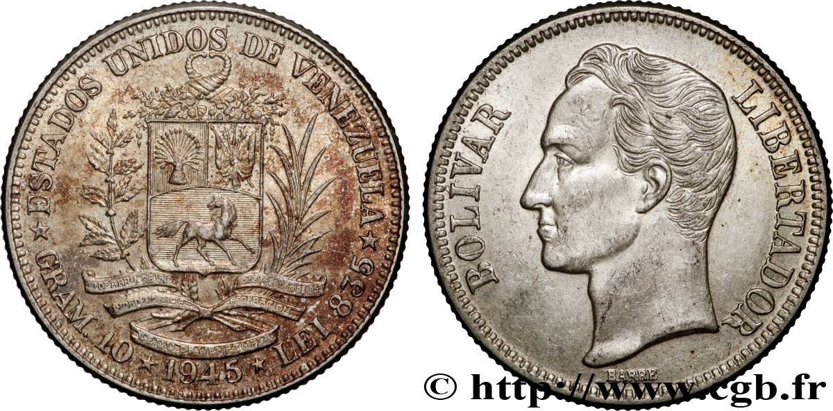 VENEZUELA 2 Bolivares Simon Bolivar 1945 Philadelphie AU 