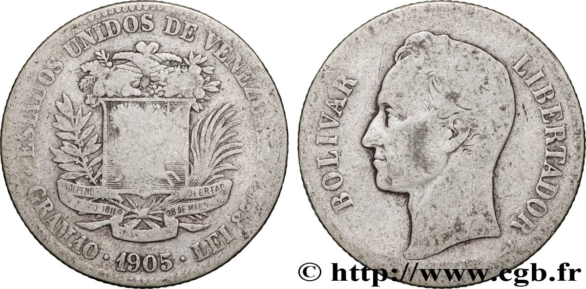 VENEZUELA 2 Bolivares Simon Bolivar 1905 Philadelphie TB 