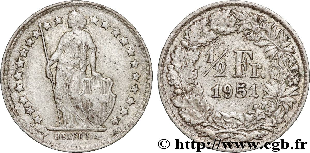 SWITZERLAND 1/2 Franc Helvetia 1951 Berne AU 