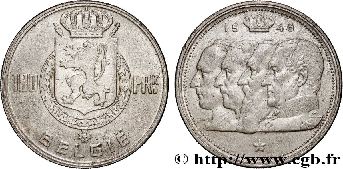 BELGIUM 100 Francs bustes des quatre rois de Belgique, légende flamande 1948  XF 