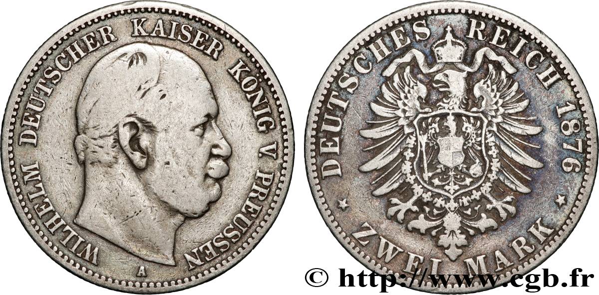 GERMANY - PRUSSIA 2 Mark Guillaume Ier 1876 Berlin VF 