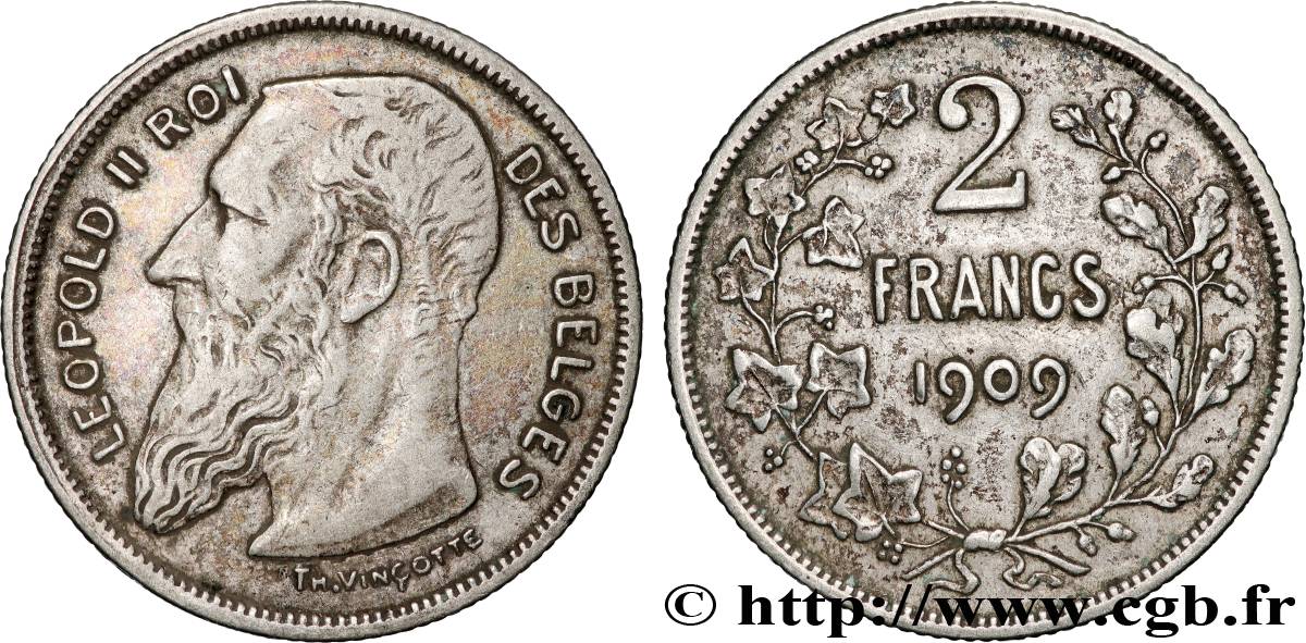 BELGIQUE - ROYAUME DE BELGIQUE - LÉOPOLD II 2 Francs légende française 1909  BC+ 