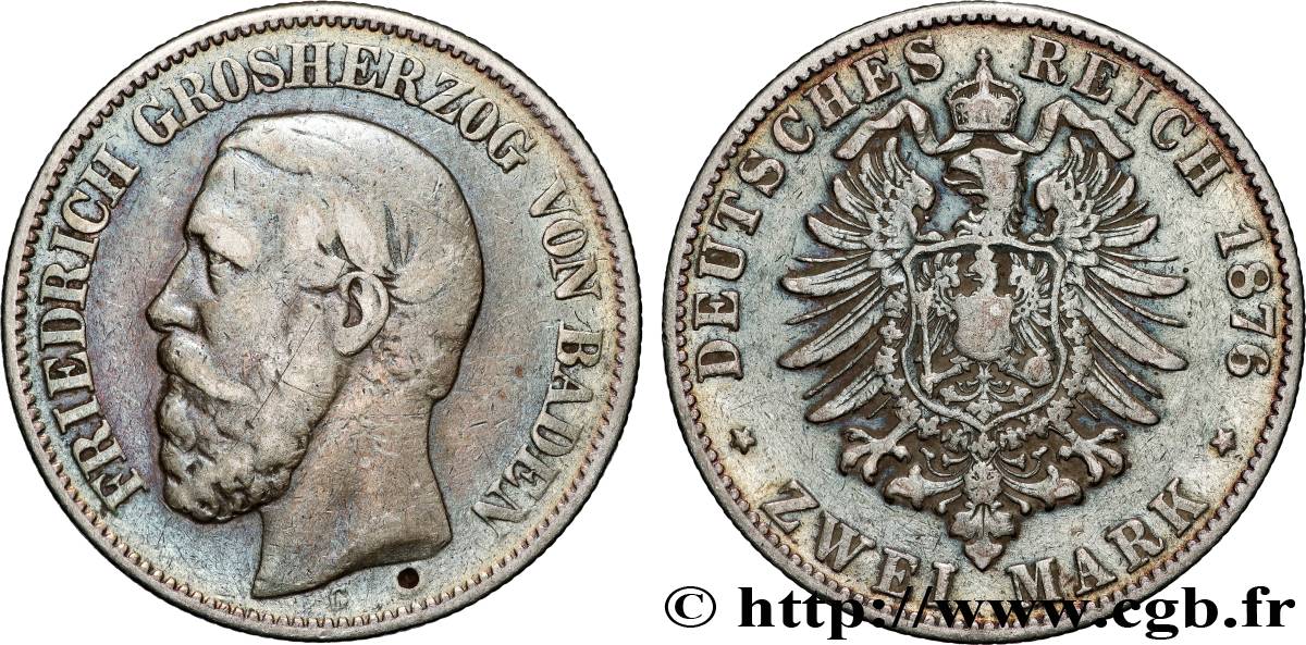 GERMANY - BADEN 2 Mark Frédéric 1876 Karlsruhe VF 