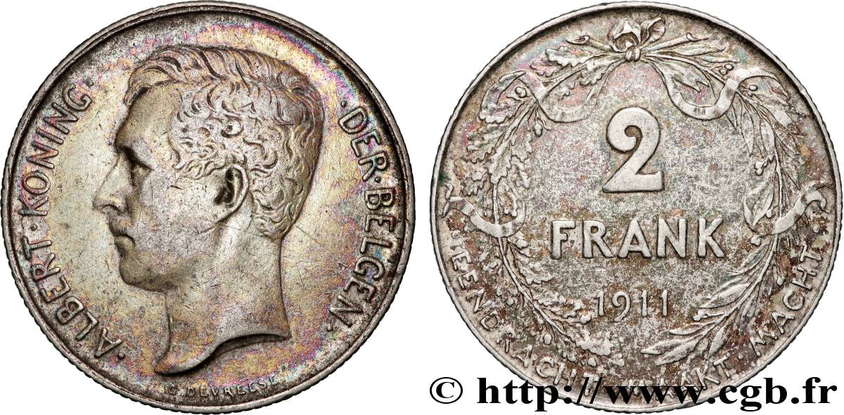 BELGIEN 2 Frank (Francs) Albert Ier légende flamande 1911  fSS 