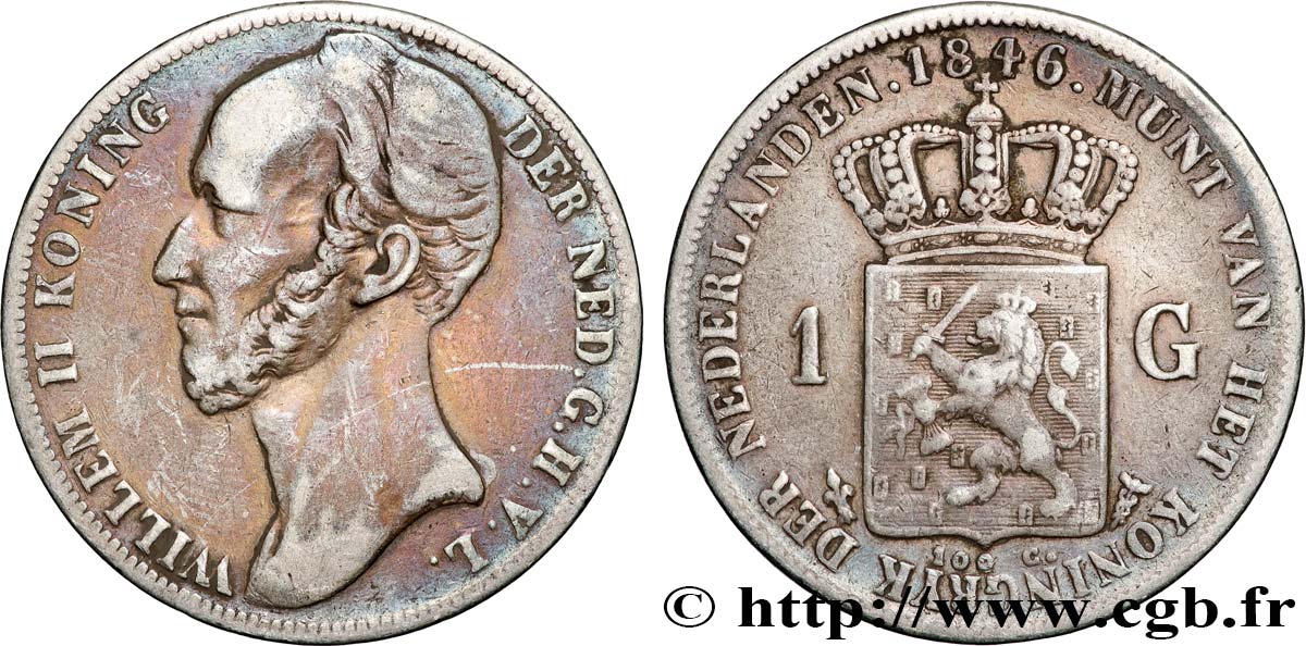 PAYS-BAS 1 Gulden Guillaume II, différent fleur de lys 1846 Utrecht TB+ 