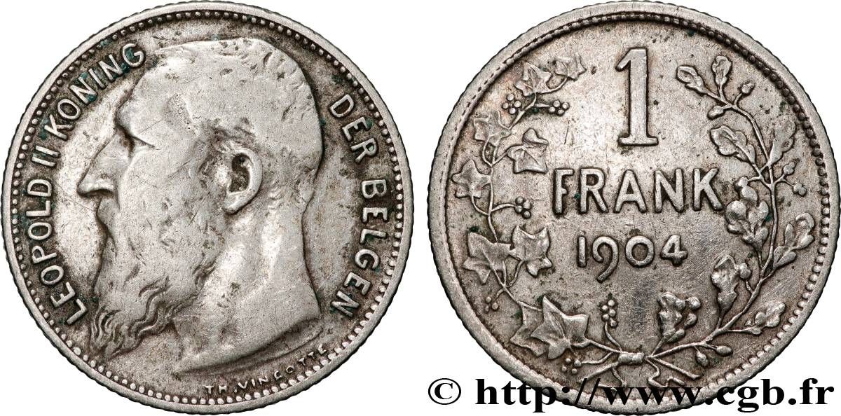 BELGIUM 1 Frank (Franc) Léopold II légende en flamand 1904  VF 