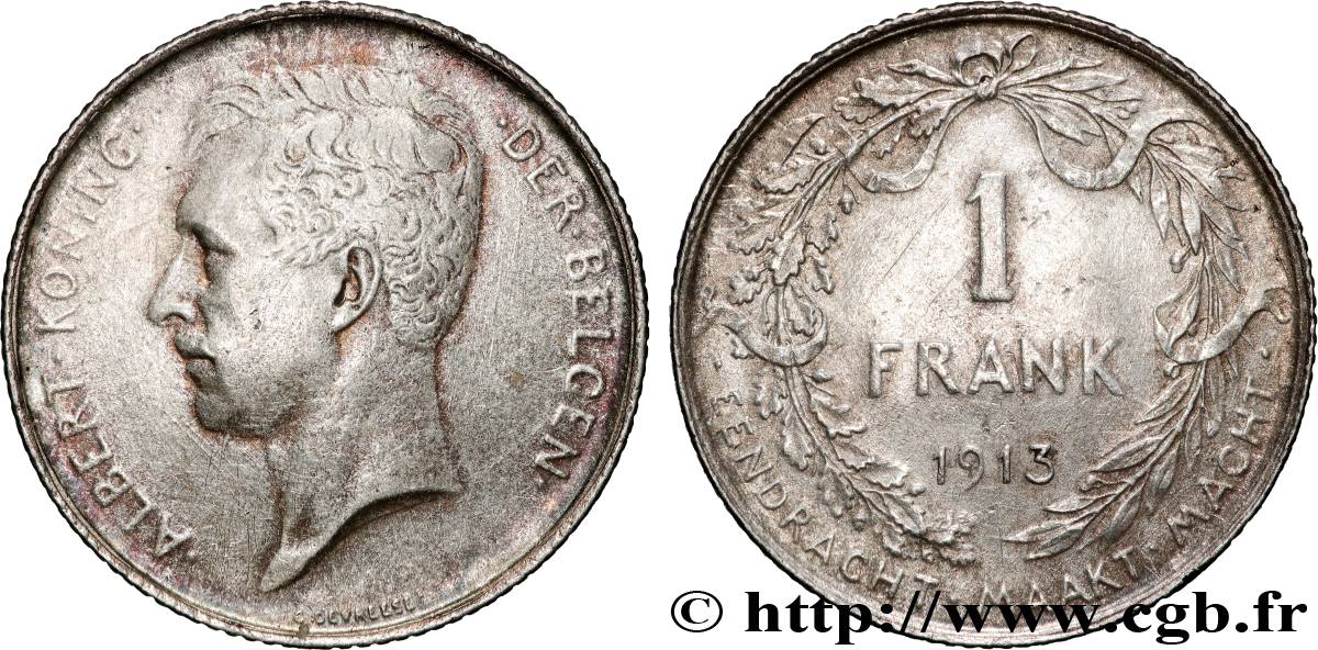 BELGIUM 1 Frank (Franc) Albert Ier légende flamande 1913  XF 