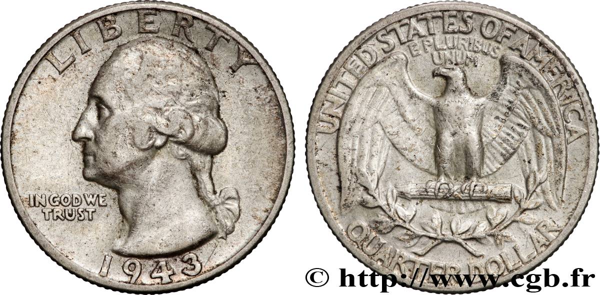 ÉTATS-UNIS D AMÉRIQUE 1/4 Dollar Georges Washington 1943 Philadelphie TB+ 