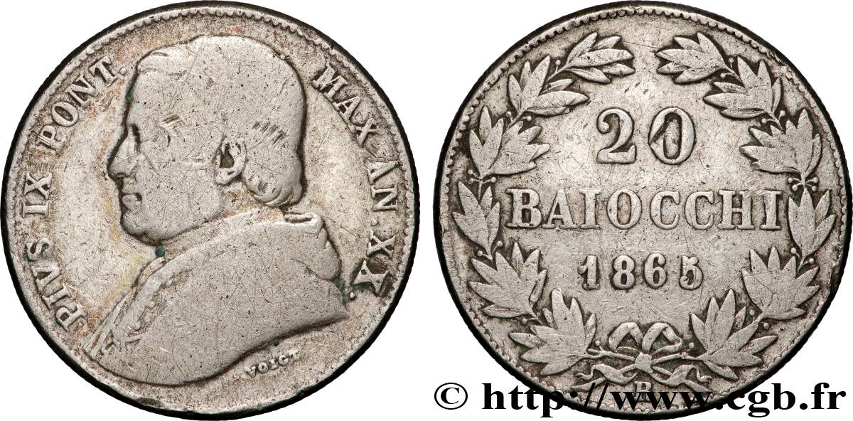 ITALIE - ÉTATS DU PAPE - PIE IX (Jean-Marie Mastai Ferretti) 20 Baiocchi an XX 1865 Rome TB 