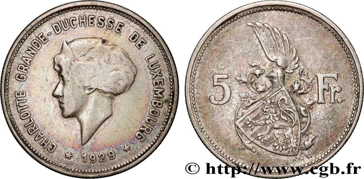 LUXEMBOURG 5 Francs Grande-Duchesse Charlotte 1929  VF 