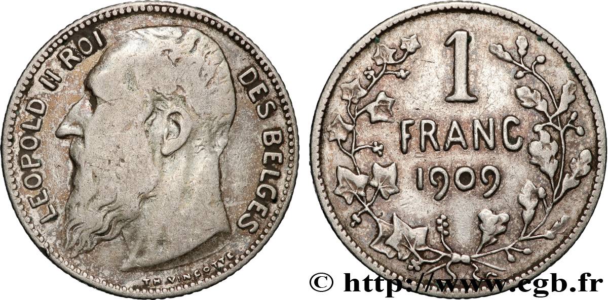 BELGIUM 1 Franc Léopold II légende française 1909  VF 