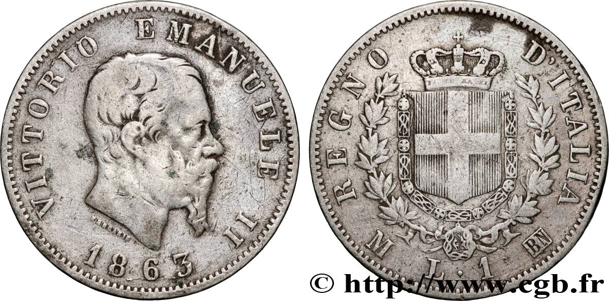 ITALIA 1 Lire Victor Emmanuel II 1863 Milan q.BB 