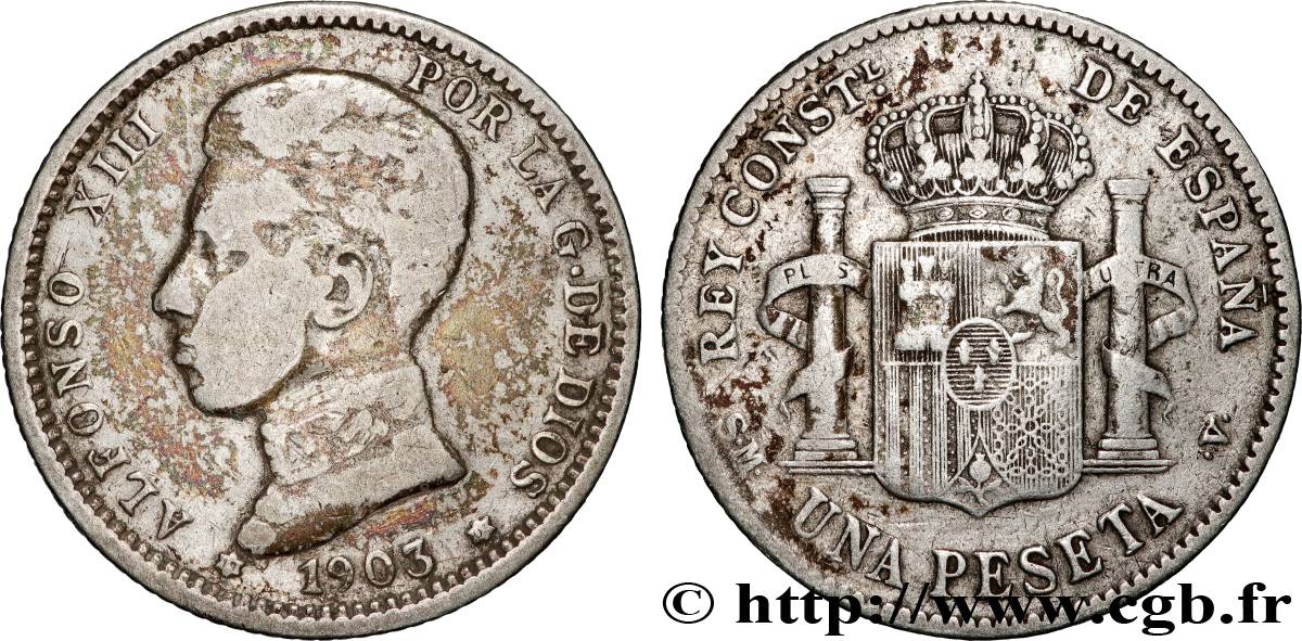 ESPAGNE 1 Peseta Alphonse XIII 4e type de buste 1903 Madrid TB 