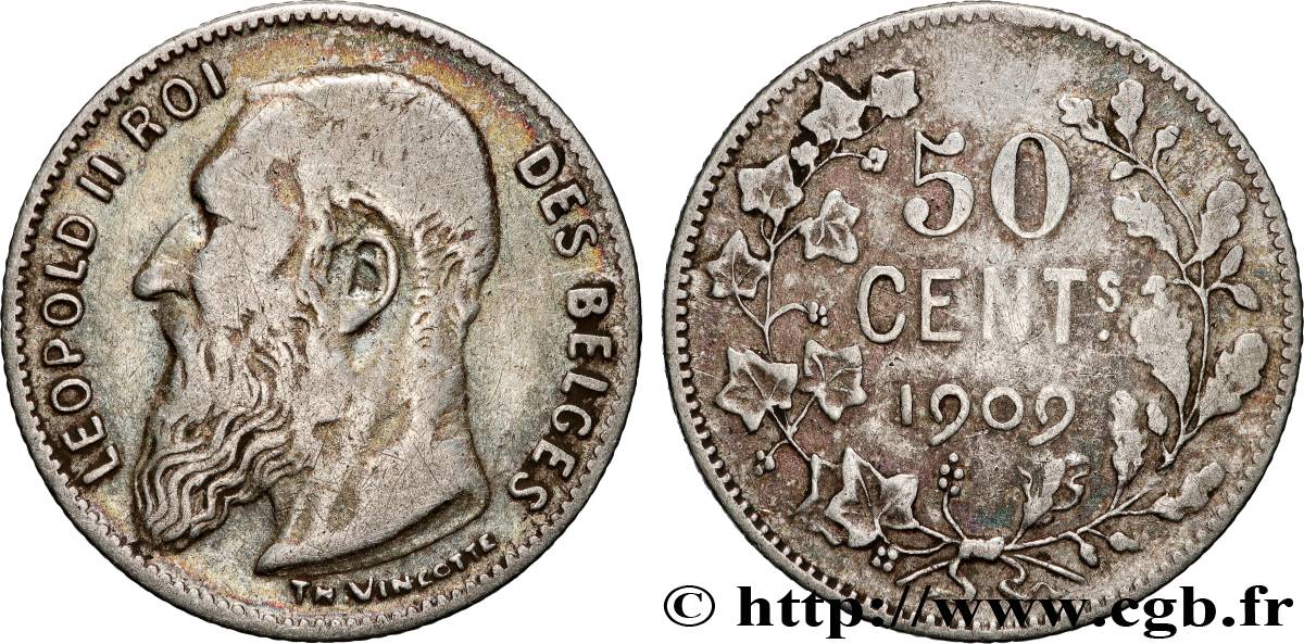 BELGIQUE 50 Centimes Léopold II légende en français 1909  TTB 