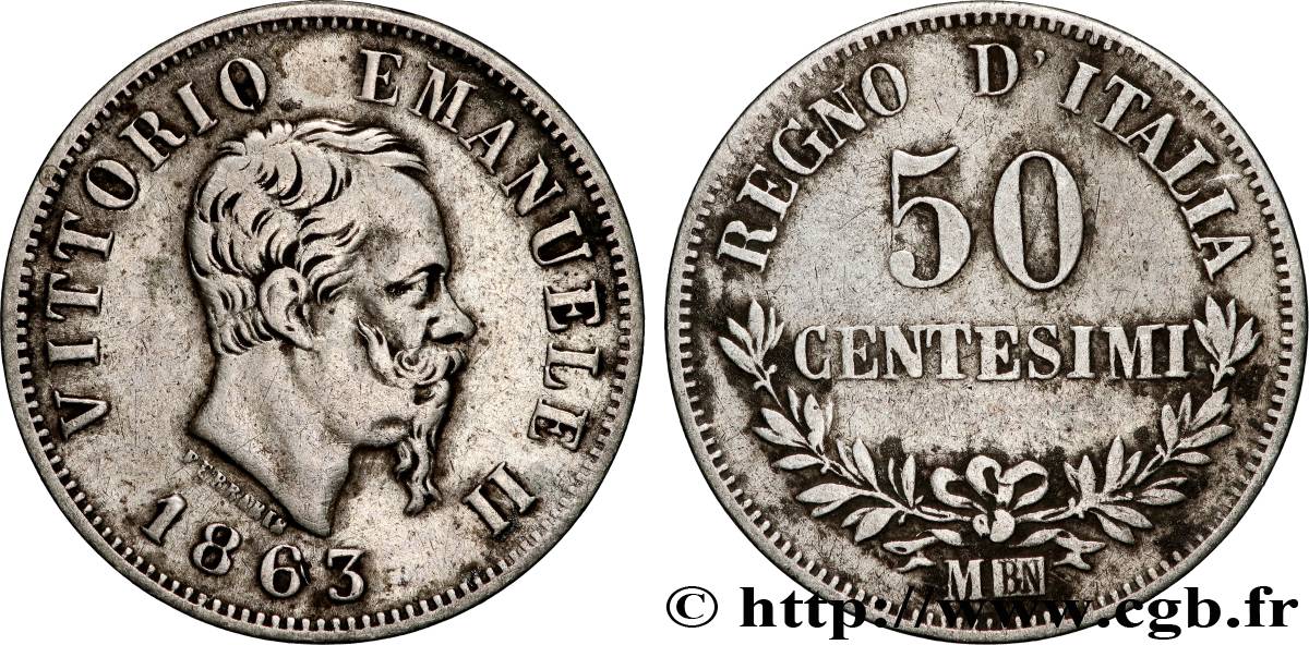 ITALIE 50 Centesimi Victor Emmanuel II 1863 Milan TTB 