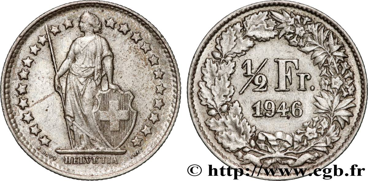 SUISSE 1/2 Franc Helvetia 1946 Berne TTB+ 